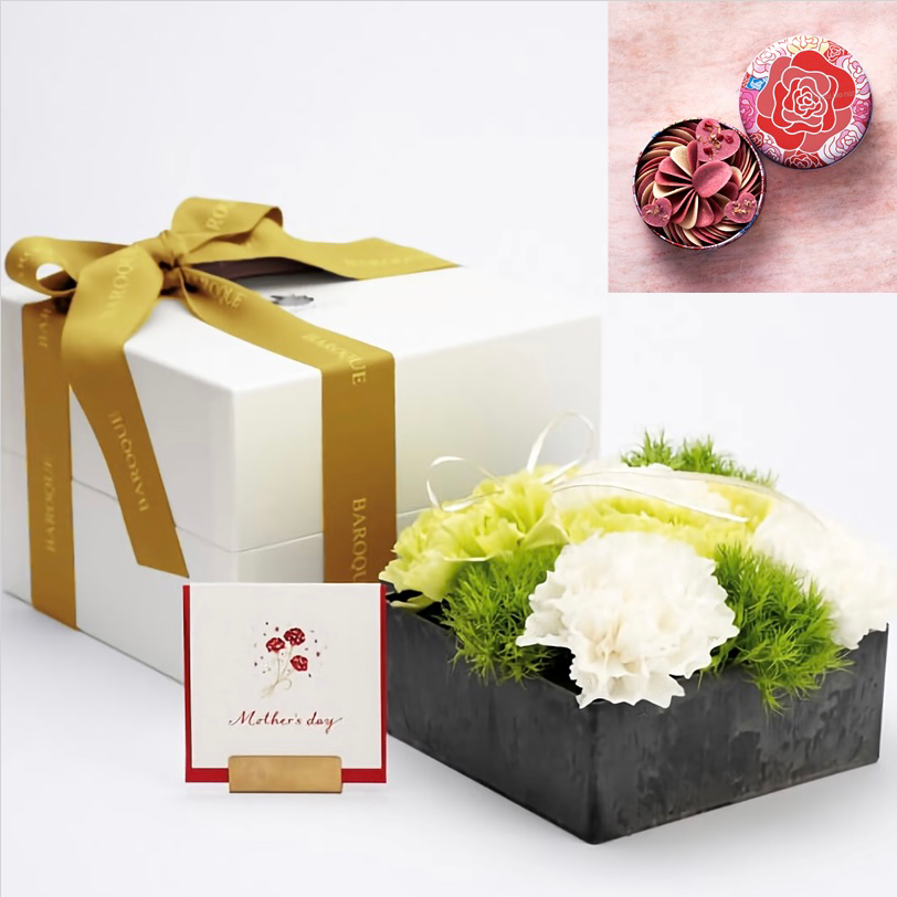 【コラボ商品】 黄緑白カーネーションBOX&選べる薔薇スイーツ