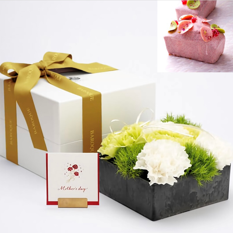 【コラボ商品】 黄緑白カーネーションBOX&選べる薔薇スイーツ