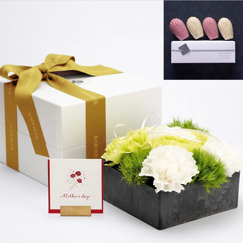 【コラボ商品】 黄緑白カーネーションBOX&選べる薔薇スイーツ