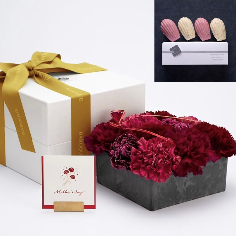 【コラボ商品】 深紅赤カーネーションBOX&選べる薔薇スイーツ