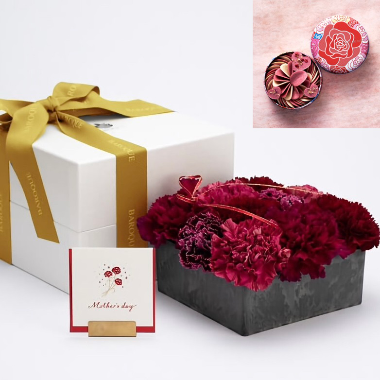 【コラボ商品】 深紅赤カーネーションBOX&選べる薔薇スイーツ
